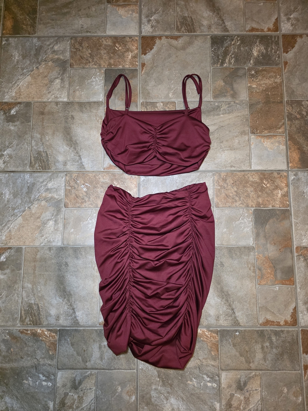 Ruched Burgundy Women's Skirt Set